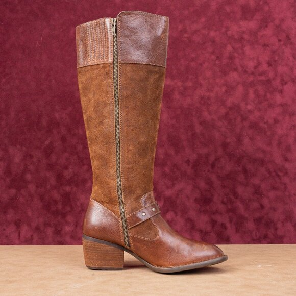 Born Women Alize Brown Leather Zip Wide Calf Strap Block Heel Knee Boots sz 10 - Picture 10 of 10